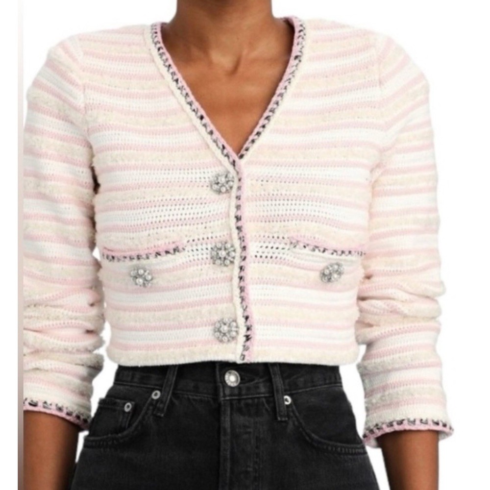 Cropped Pink Stripe Knit Cardigan with Embellished Buttons